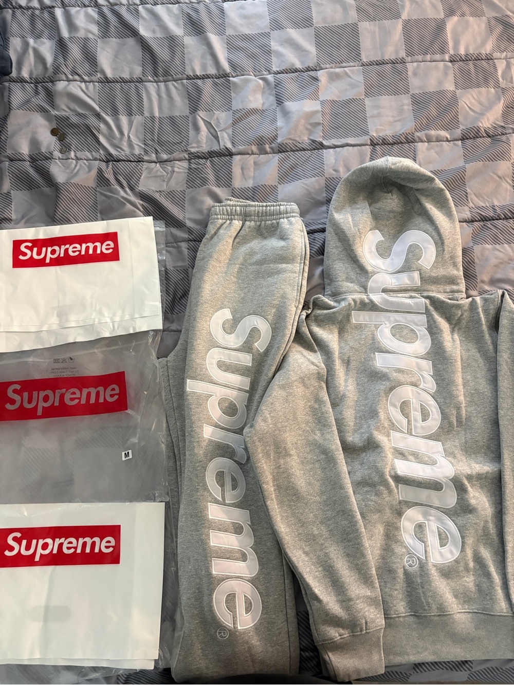 Supreme Kids Grey Sweatpants & Hoodie Set with White Logo